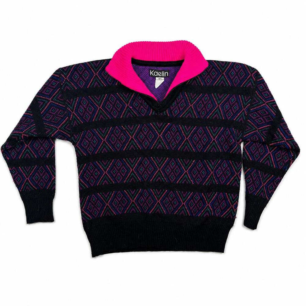 Kaelin Vintage 80s Geometric Diamond Pattern Mock Neck Sweater